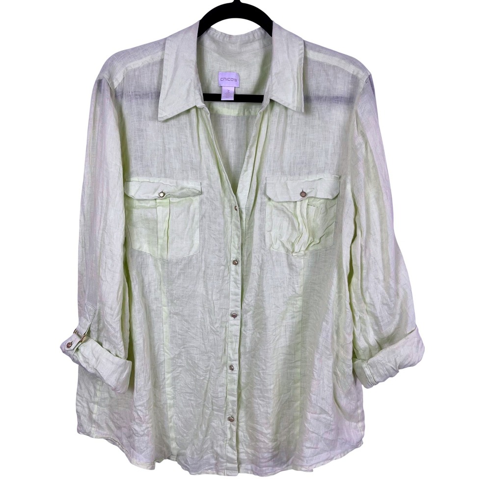 Chicos XL 100% Linen Button Down Shirt Pale Yellow Roll Tab Sleeve (P716)‎